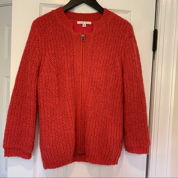 Cabi chunky knit zippered cardigan mohair blend pink salmon red medium #620 - Picture 2 of 9